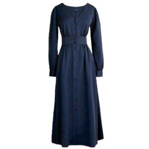 J Crew Satin Navy Long Sleeve Aline Midi Dress Button Down Holiday Elegant AD072
